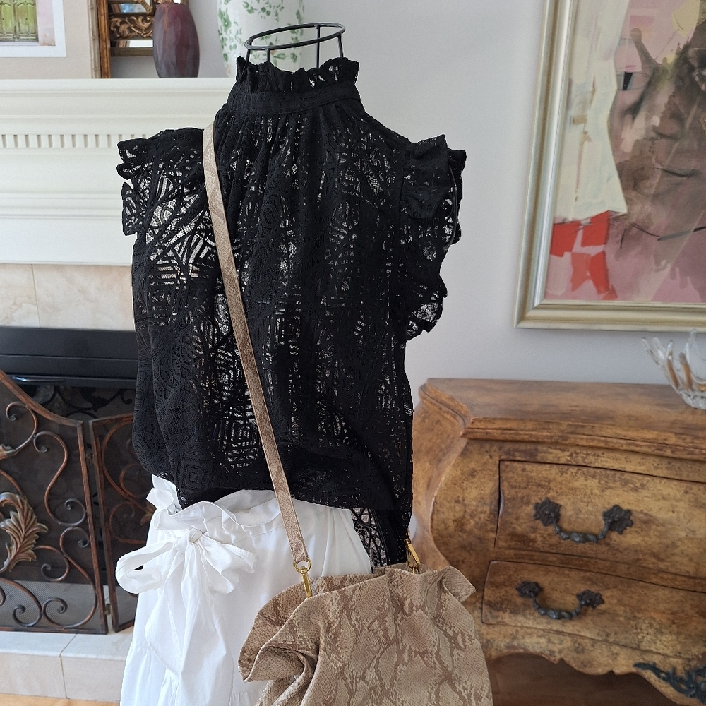 FRAME BLACK LACE MOCK NECK BLOUSE S